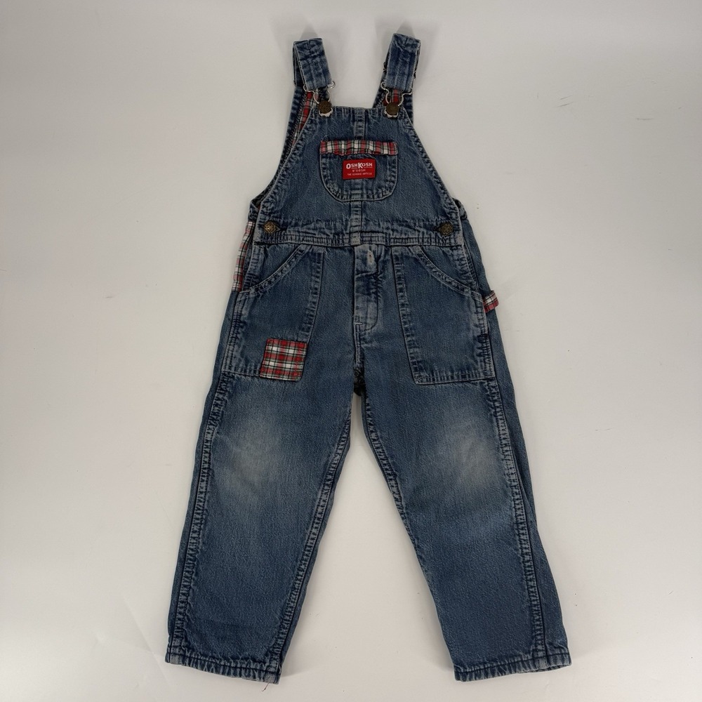 Oshkosh B'gosh Vintage Blue Denim Flannel Lined Patchwork Overalls Size 4T